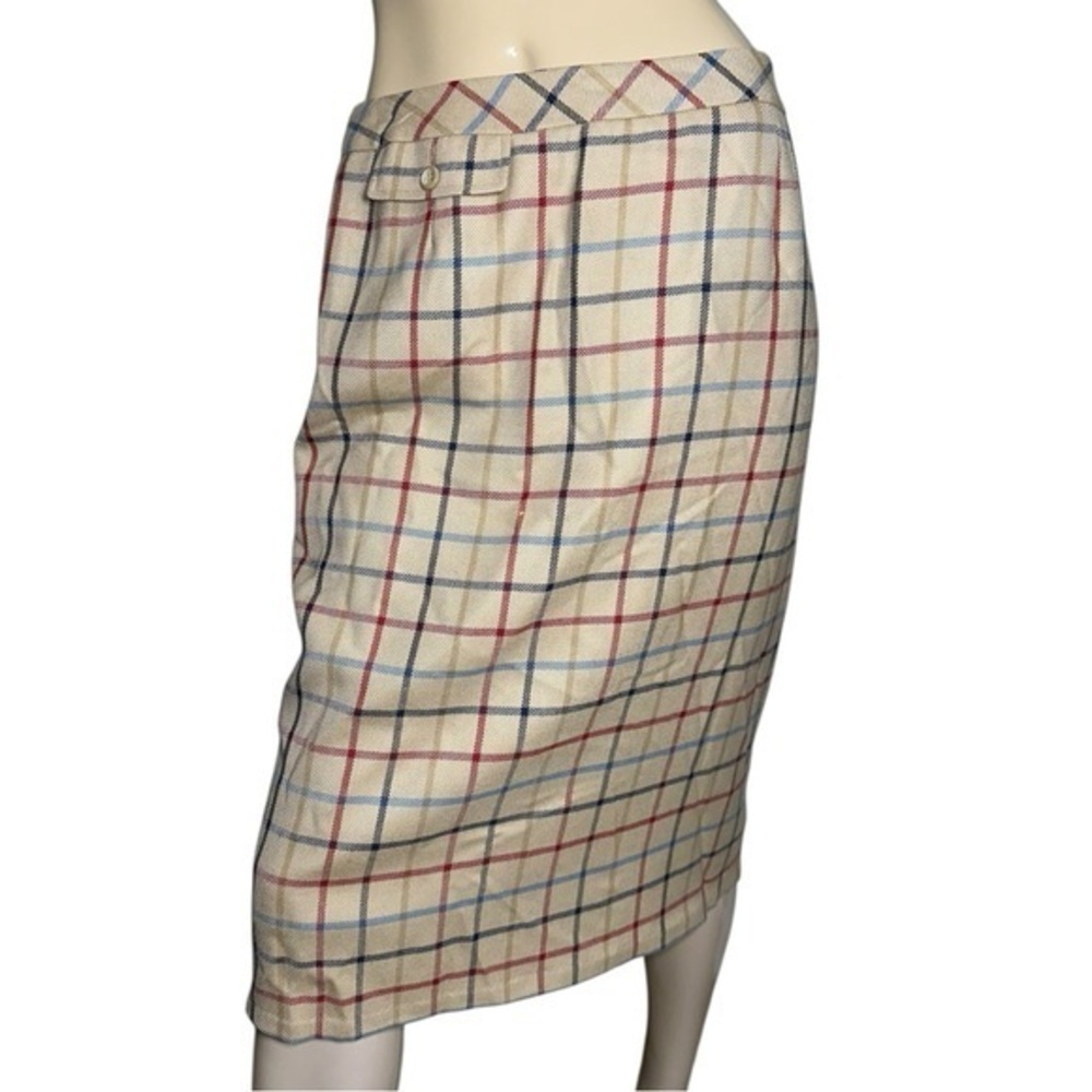 Pendleton Vintage Womens Size 10 Tan Red Blue Check Plaid Wool Midi Pencil Skirt